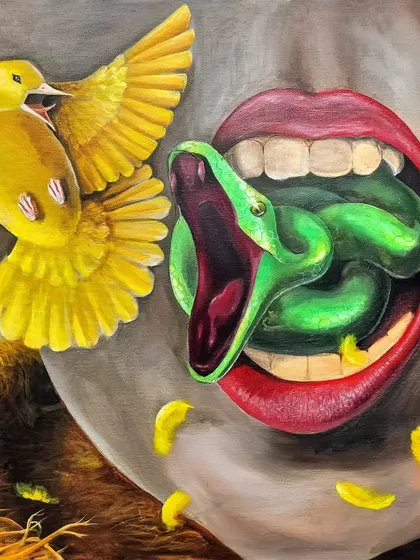 Titled 'Ambivalent', this painting is a self portrait of my own internal duality. I am both the nurturer who builds a nest of comfort and the inner danger, the snake, that threatens to destroy it. It is a reflection on the protector and the destroyer within us all.
