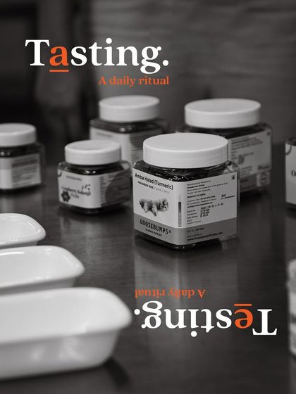 Jars lined up for our daily tasting ritual. This commitment to quality control is at the core of what we do.