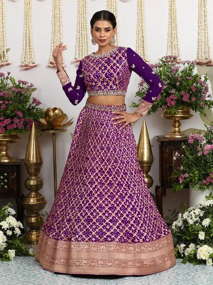 The full view of the purple Banarasi lehenga with the full-sleeved blouse, a sophisticated and elegant look.