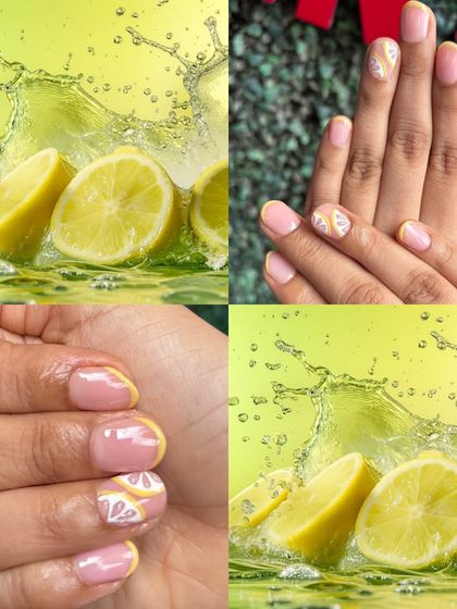 When life gives you lemons, get lemon nail art! This fun and fresh design features tiny, hand-painted lemon slices and a zesty yellow French tip.