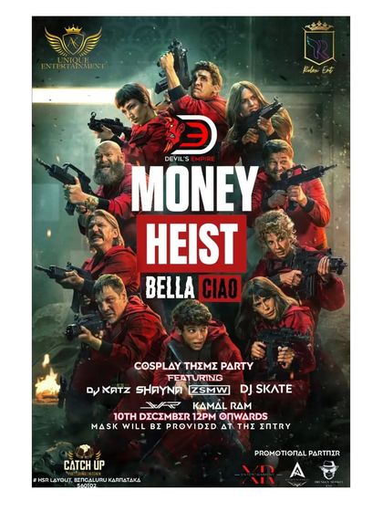 A "Money Heist" themed cosplay party flyer, where I was part of the DJ lineup.