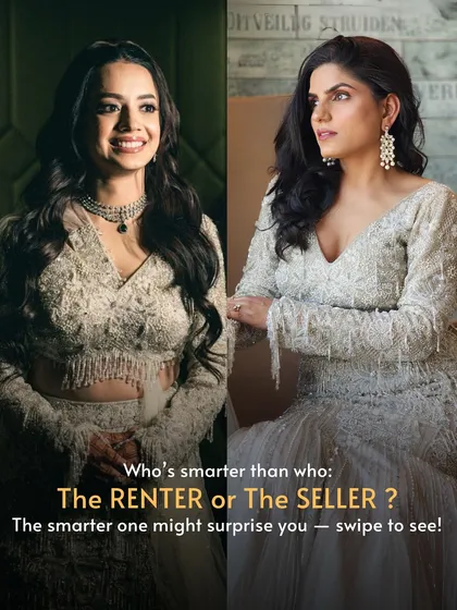 Rent or sell? With us, you can do both. This image breaks down the smart choices modern fashion lovers are making. You can rent a dream lehenga for a fraction of the cost, or list your own designer outfit and earn money every time someone else rents it.