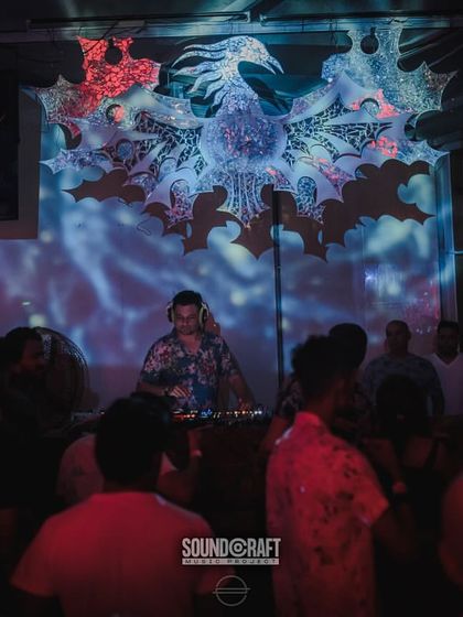 A wider view of the party at House of Chapora, with unique art installations creating a distinct vibe for the night.