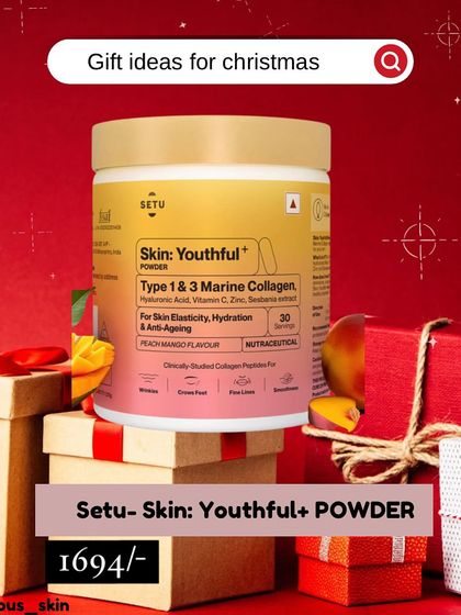 Setu's Skin: Youthful+ Powder is a comprehensive formula containing Type 1 and 3 Marine Collagen, along with hyaluronic acid and vitamin C. This combination targets skin elasticity, hydration, and overall anti-aging.