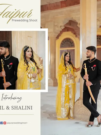 An introductory image for Sunil and Shalini, featuring their royal Rajputi look, but their other photos show their fun, casual side.