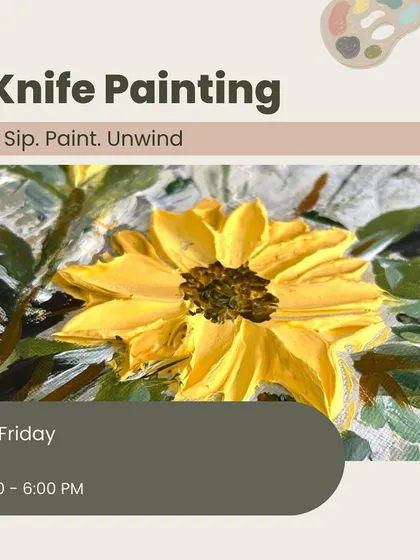 Discover the bold textures and vibrant results of knife painting. In this workshop, we use palette knives instead of brushes to create stunning floral artworks like this sunflower.