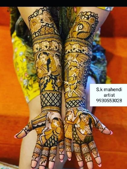 A story mehendi showing the couple's journey. The design includes multiple scenes and figures, from their meeting to the wedding day.