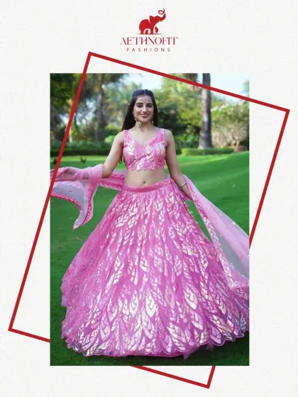 This blush pink lehenga is a whole mood. I designed it to be light, graceful, and full of shimmering sequins so you can twirl effortlessly and feel like the main character. It’s perfect for sangeet nights or a daytime wedding.