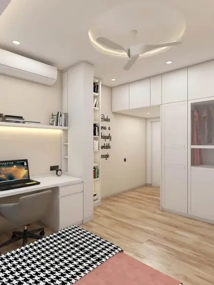Another view from the same 3D design, this time focusing on the study area. I designed a compact desk with overhead shelving and integrated lighting, built to fit perfectly next to the window.