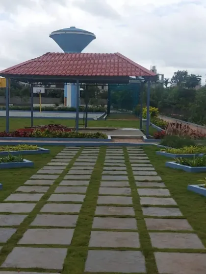 A community park featuring a covered seating area, basketball court, and landscaped pathways. I handle comprehensive projects that include recreational and planting zones.