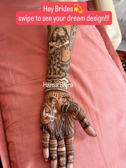 This design is a beautiful example of storytelling mehendi, with scenes from the wedding ceremony like the varmala (garland exchange) depicted on the palms and arms.