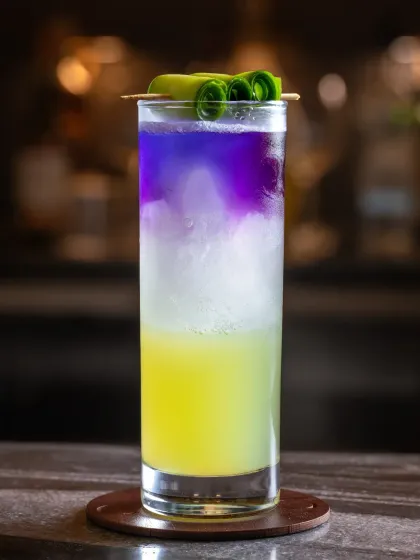 This layered mocktail for Camo Noida was shot to highlight its vibrant colors and unique presentation. The lighting captures the gradient effect and the delicate cucumber garnish, creating a sophisticated beverage photo.
