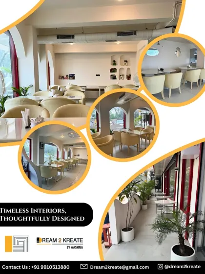 A collage of a bright and airy cafe with white and cream tones, featuring comfortable armchairs and an outdoor patio area.