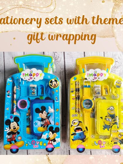 A closer look at the Mickey Mouse and Minions trolley-shaped stationery sets, which include a watch and wallet.
