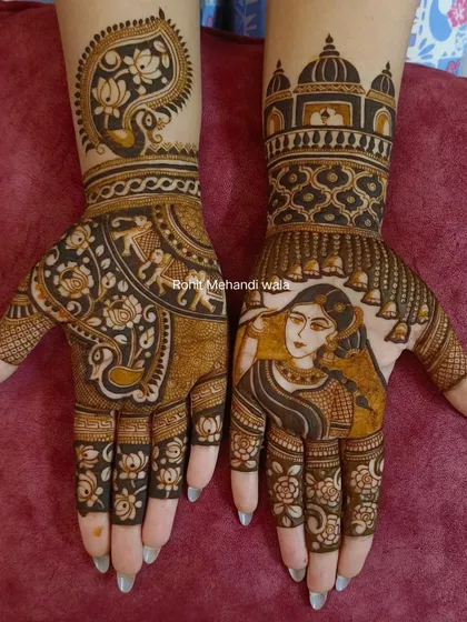 I specialize in creating custom portrait mehandi. Here, I designed a beautiful bride's portrait on the palm, surrounded by delicate details like hanging bells (jhumars), making the henna art truly personal and unique.