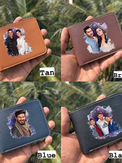 My Saffiona texture wallets are available in four colors: Tan, Brown, Blue, and Black. You can get them printed with a colorful artistic photo and a name.