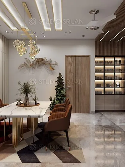 Another view of the dining space, highlighting a built-in bar cabinet with glass doors and internal lighting, adding both storage and a touch of sophistication.