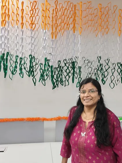 I am so proud of this large Indian flag decoration we created for an office's Independence Day celebration. It is made entirely of paper hearts linked together.