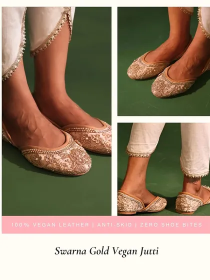 Say goodbye to shoe bites and tired feet. My Swarna Gold Vegan Juttis are designed for ultimate comfort, featuring a cushioned insole, 100% vegan leather that’s super soft, and an anti-skid sole so you can dance worry-free all night.