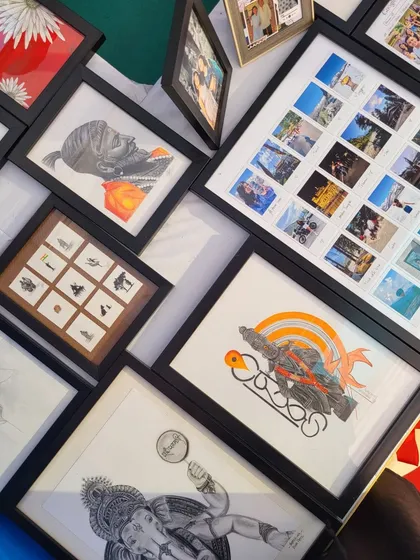 A look at some of my framed pieces as displayed at my art stall. You can see different sizes and artworks, including my Vitthal print and Ganesha sketch, ready to find a new home.