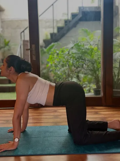 The Cow Pose, part of the Cat-Cow sequence, gently warms up the spine and opens the chest.