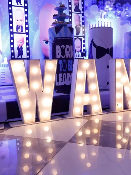 A close-up of the light-up marquee letters used for Swanik's Boss Baby party. These are a great way to personalize a space and make a big visual impact.