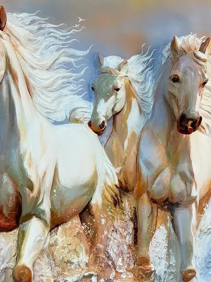 The full composition of this seven running horses painting, with each horse uniquely sculpted to contribute to the overall energy of the piece.