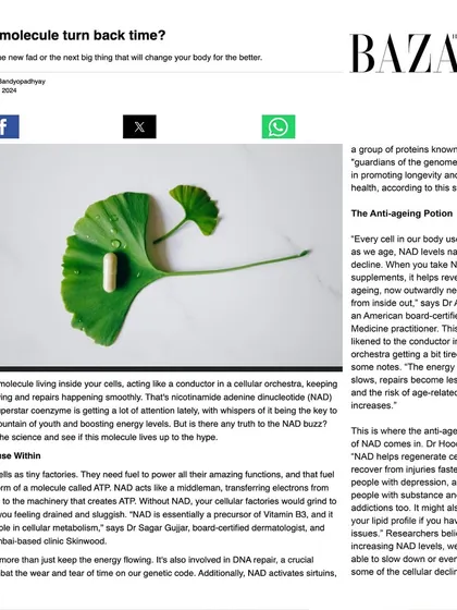 I believe in educating my clients on the science behind the results. I was honored to be featured in Harper's Bazaar, where I explained the powerful anti-aging and cellular repair benefits of NAD+, a cornerstone of my internal wellness philosophy.