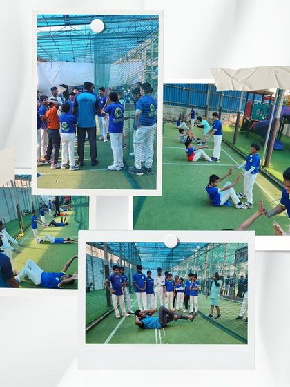 Our cricket nets are where skills are sharpened and strength is built. This collage shows various training activities, including sit-ups and team discussions, that are part of our comprehensive program.