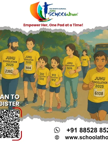 The Juhu Schoolathon is one of our flagship community events, bringing families together for a cause. This poster captures the spirit of the event, which includes running and skating categories for all ages to promote fitness and social responsibility.