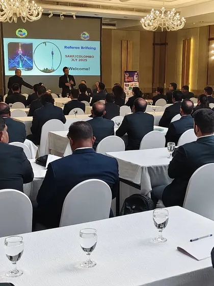 Another perspective of the referee seminar, showing the professional setup and large number of participants from across South Asia.