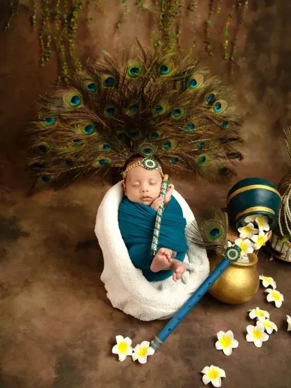 A wider view of the setup, showing how I use different elements like flowing flowers and hanging vines to create a magical, forest-like atmosphere for the Krishna theme.