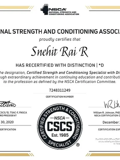 I am proud to have earned the Certified Strength and Conditioning Specialist (CSCS) with Distinction from the NSCA. This reflects not just a certification, but a deep commitment to ongoing education and contributing to the profession, a principle I instill in the coaches I mentor.
