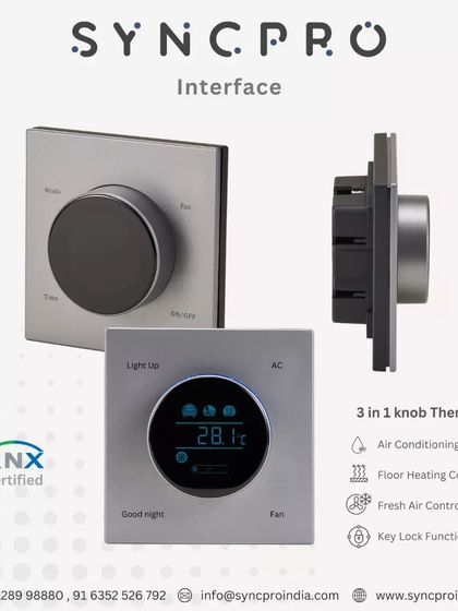 This is our versatile 3-in-1 knob thermostat. It's KNX certified and allows for precise control of air conditioning, floor heating, and fresh air systems from a single, elegant interface with a digital display.