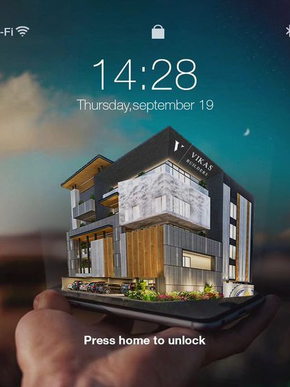 Your dream home, right in the palm of your hand. This creative graphic shows one of our modern buildings as your phone's wallpaper, a symbol of accessible luxury.