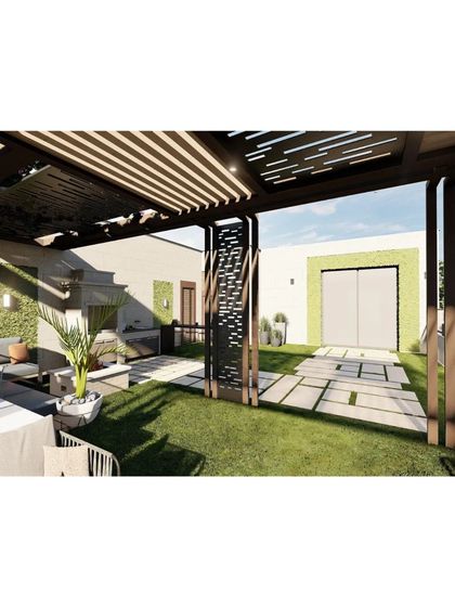 A view from under the pergola, looking out onto the open lawn area. The laser-cut panels provide both privacy and a decorative element.