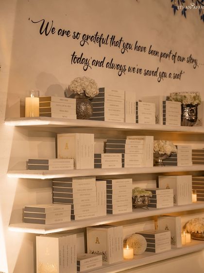 A personalized welcome and seating arrangement display, featuring a heartfelt message for guests, adding a personal touch to the reception.