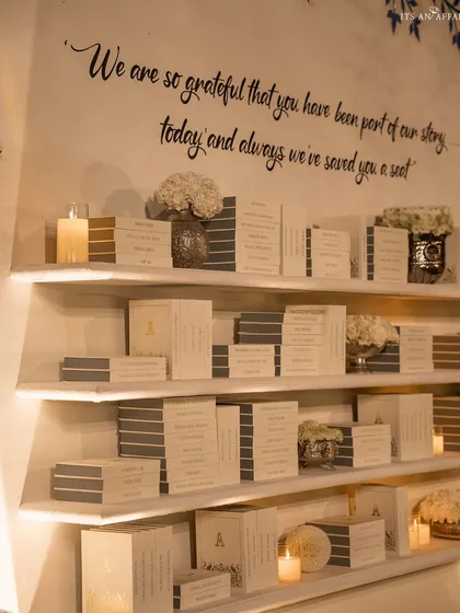 A personalized welcome and seating arrangement display, featuring a heartfelt message for guests, adding a personal touch to the reception.