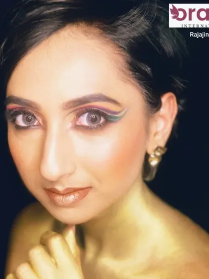 A direct portrait that showcases the unique and artistic eye makeup in full detail.