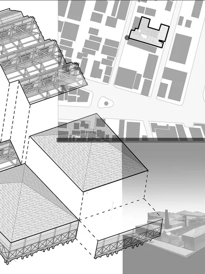 More graphic explorations of the IF.BE project, showing the evolution of the design. The process involved sensitively layering new structures and forms over and within the existing industrial heritage.