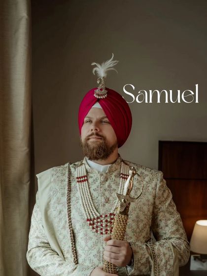 A classic portrait of Samuel, his name elegantly written, capturing his proud and ready stance on his wedding day.