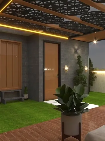 This render for a Paschim Vihar project showcases a modern design with a water feature, wooden decking, and a decorative pergola ceiling.