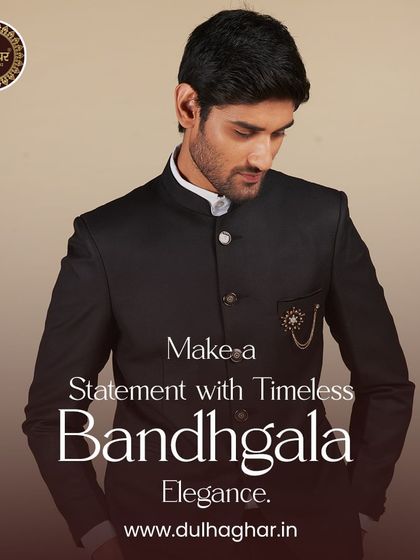 Make a statement with timeless Bandhgala elegance. A classic black Bandhgala suit that is sophisticated and powerful.