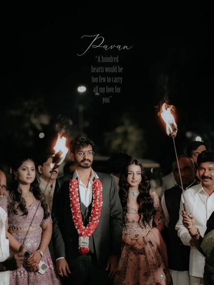 A portrait of the groom during his night procession, with a romantic quote about his love.