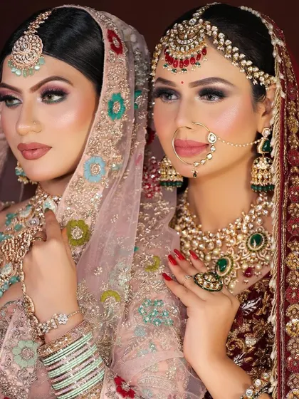 Another angle capturing the artistry of two different bridal makeovers. We customize each look to suit the bride's outfit, jewelry, and personal style.