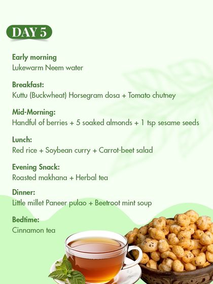 Day 5 of the diabetes plan includes detoxifying neem water and meals like kuttu dosa and little millet paneer pulao. These choices are rich in fiber and help maintain stable energy levels throughout the day.
