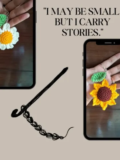 "I may be small, but I carry stories." This image showcases our versatile floral keychains, a small piece of art that you can carry with you everywhere.