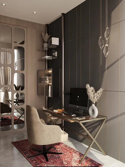 Another view of the office, showing a mirrored wardrobe that reflects light and adds a sense of space, balancing the dark walls.