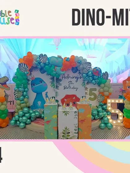 Our Dino-Mite theme is perfect for little explorers. This setup features a large light-up number 5, dinosaur cutouts, and a vibrant balloon arch.