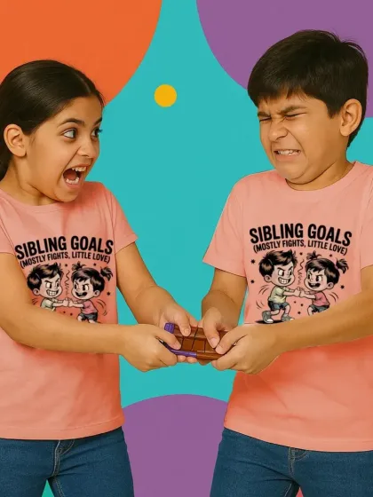 "Sibling Goals: Mostly Fights, Little Love." This playful t-shirt design perfectly captures the fun reality of sibling relationships, shown here with a tug of war over chocolate.